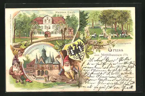 Lithographie Mühlhausen i. Th., Weisses Haus, Popperode, Hirschplatz