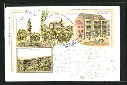 Lithographie Greiz, Geschäftshaus Heinrich Tietz, Landkrankenhaus