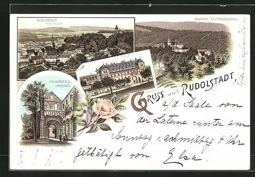 Lithographie Rudolstadt, Schloss Schwarzburg, Rudolsbad