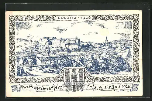 AK Colditz, Zweites Heimatfest 1926, Totalansicht der Stadt