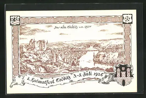 AK Colditz, Zweites Heimatfest 1926, Totalansicht der Stadt um 1800