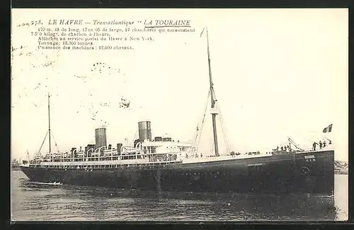 AK Passagierschiff La Touraine im Hafen von Le Havre