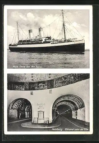 AK Hamburg, Passagierschiff Monte Olivia über dem Elbtunnel und Blick in den Elbtunnel