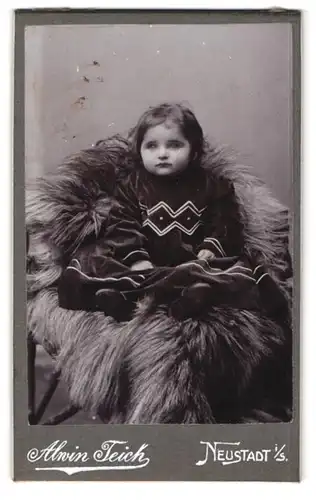 Fotografie Fr. Alwin Teich, Neustadt i / S., Portrait kleines Mädchen im modischen Kleid auf Fell sitzend