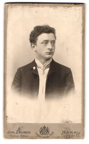 Fotografie Joh. Zauner, Hanau, Langstr. 23, Portrait Bursche im Anzug mit Krawatte