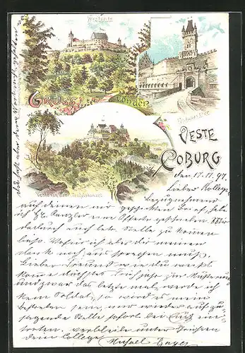 Lithographie Coburg, Veste Coburg von der Teufelskanzel, Westseite, Festungstor