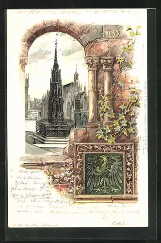 Passepartout-Lithographie Nürnberg, Schöner Brunnen und Wappen