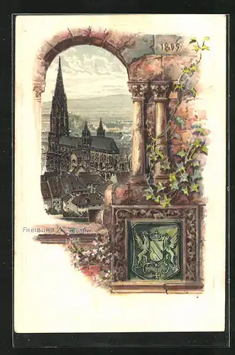 Passepartout-Lithographie Freiburg i / B., Münster und Wappen