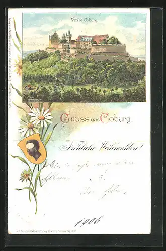 Lithographie Coburg, Veste Coburg, Weihnachtsgruss