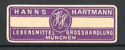 Präge-Reklamemarke Lebensmittel-Grosshandlung Hanns Hartmann, München, Firmenlogo
