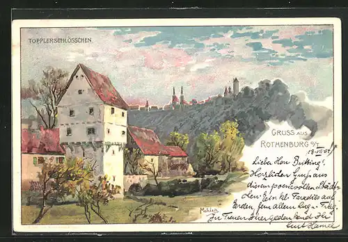 Lithographie Rothenburg, Blick auf das Topplerschlösschen