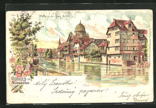 Lithographie Nürnberg, Insel Schütt mit Synagoge