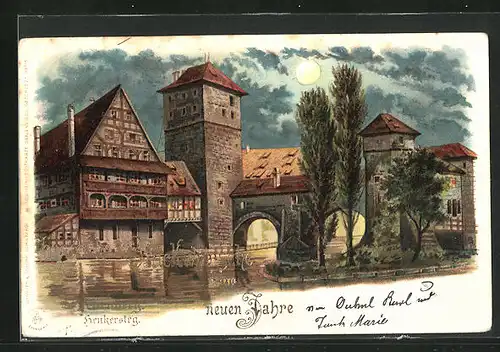 Mondschein-Lithographie Nürnberg, Henkersteg im Mondschein