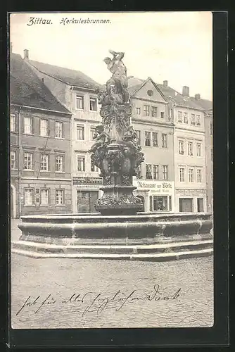 AK Zittau, Herkulesbrunnen gegen Ladenzeile