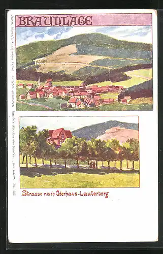 Künstler-AK Braunlage, Panorama mit Gebirge, Strasse nach Oderhaus-Lauterberg