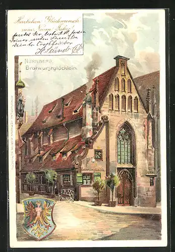 Lithographie Nürnberg, Gasthaus Bratwurstglöcklein mit Wappen