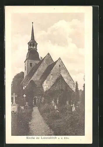 AK Lorenzkirch / Elbe, Friedhof mit Kirche