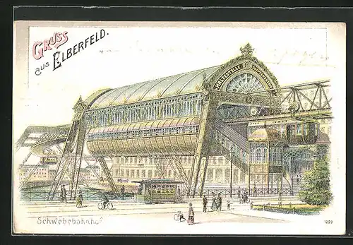 Lithographie Elberfeld, Blick auf den Schwebebahnhof