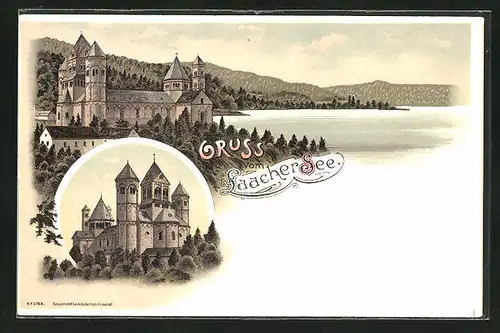 Lithographie Glees, Laacher See, Blick auf die Benediktinerabtei Maria Laach