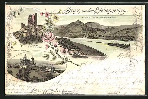 Lithographie Königswinter /Siebengebirge, Ruine Drachenfels und Drachenburg