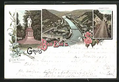 Lithographie Bad Ems, Malbergbahn und Kaiser Wilhelm-Denkmal