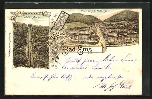 Lithographie Bad Ems, Malbergbahn, Winterberg und Malberg