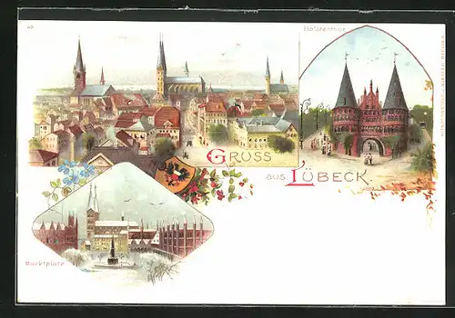 Lithographie Lübeck, Marktplatz, Hafen Breitestrasse mit Rathaus