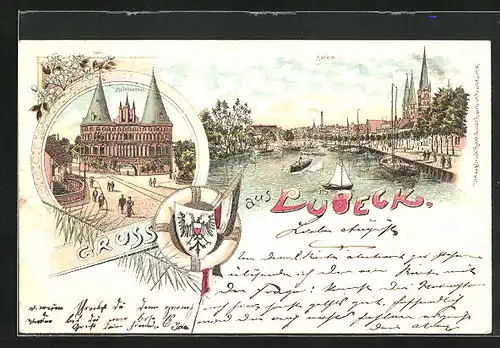 Lithographie Lübeck, Hafen und Holstentor