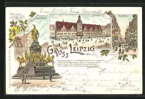 Lithographie Leipzig, Rathaus und Sieges-Denkmal