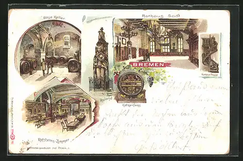 Lithographie Bremen, Katzenfass und Rose Keller im Rathaus