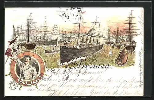 Lithographie Bremen, Freihafen mit Dampfer und Segelschiffen