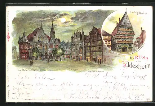 Lithographie Hildesheim, Knochenhauer-Amtshaus und Templerhaus