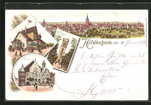 Lithographie Hildesheim, Gasthaus auf dem Galgenberg und Rathaus