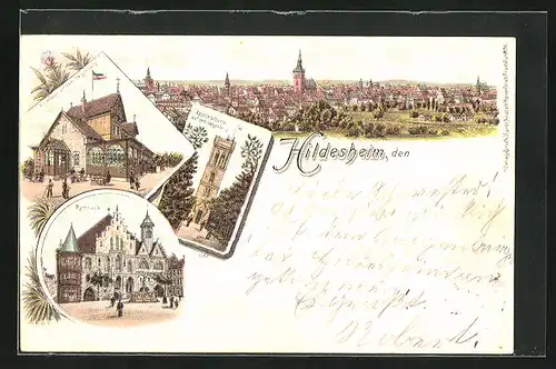Lithographie Hildesheim, Gasthaus auf dem Galgenberg und Rathaus