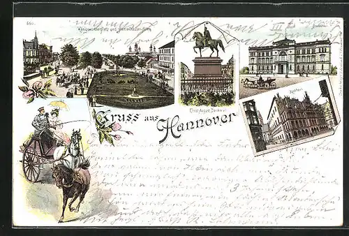Lithographie Hannover, Ernst August-Denkmal und Rathaus