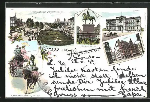 Lithographie Hannover, Königswortherplatz und Herrenhäuser-Allee