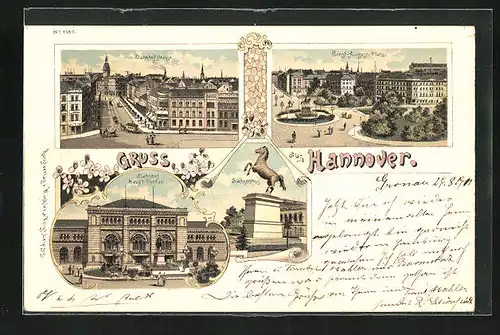 Lithographie Hannover, Bahnhofstrasse und Sachsenross