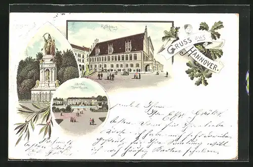 Lithographie Hannover, Rathaus und Kriegerdenkmal
