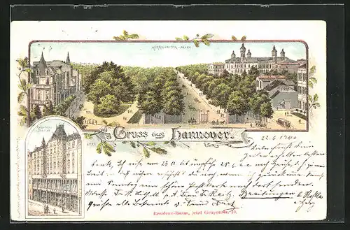 Lithographie Hannover, Herrenhäuser Allee und Residenz-Basar