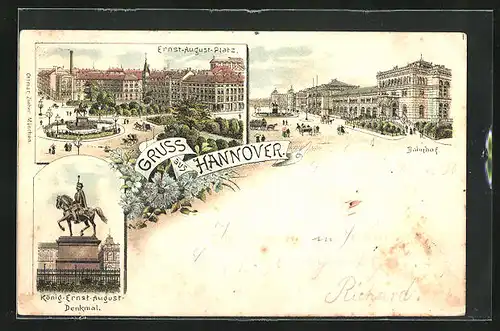 Lithographie Hannover, Ernst August Platz und Bahnhof
