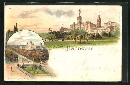 Lithographie Hannover-Herrenhausen, Blick auf das Welfenschloss