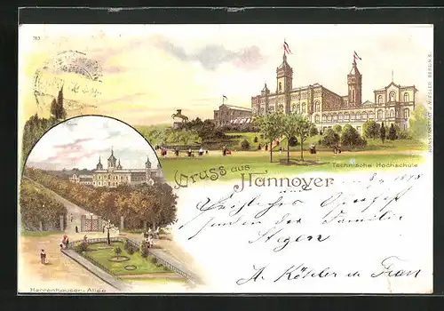 Lithographie Hannover-Herrenhausen, Blick auf das Welfenschloss