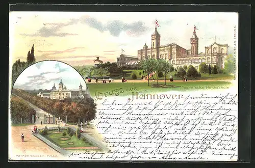 Lithographie Hannover-Herrenhausen, Blick auf die Technische Hochschule