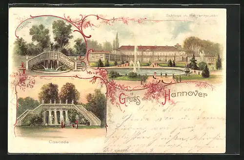 Lithographie Hannover-Herrenhausen, Schloss Herrenhausen und Grotte