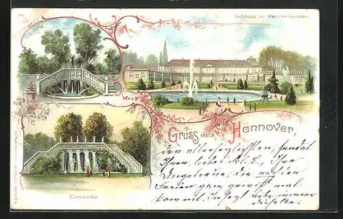 Lithographie Hannover-Herrenhausen, Schloss, Grotte und Cascade