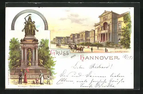 Lithographie Hannover, Am Schiffgraben und Krieger-Denkmal