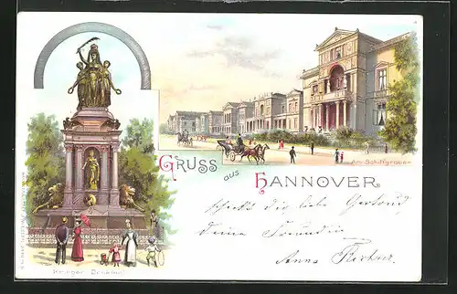 Lithographie Hannover, Am Schiffgraben und Krieger-Denkmal
