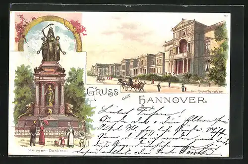 Lithographie Hannover, Am Schiffgraben und Krieger-Denkmal