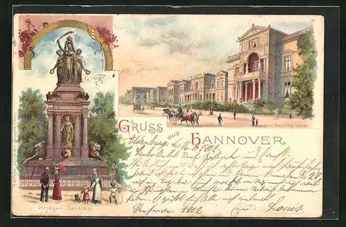 Lithographie Hannover, Am Schiffgraben und Krieger-Denkmal