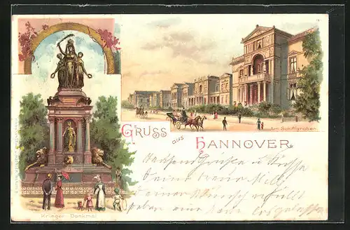 Lithographie Hannover, Am Schiffgraben und Krieger-Denkmal